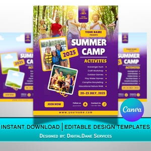 Volante de campamento de verano 2025 / Póster de campamento de verano / Plantilla de diseño editable en Canva / Anuncio de campamento de día / Diseño imprimible en papel tamaño carta