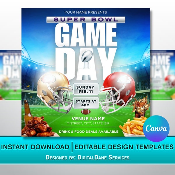 Game Day Flyer / Super Bowl Flyer / Football Flyer / Sports Bar or Restaurant Ad / DIY Canva Editable Template Design /2024 Super bowl flyer