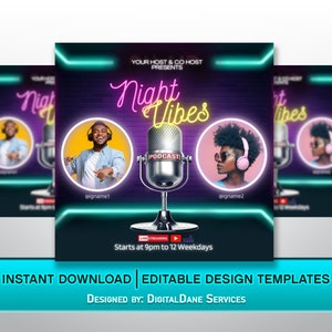 Night Vibes Podcast Flyer / Podcast flyer template / Neon light DIY Canva Template Design