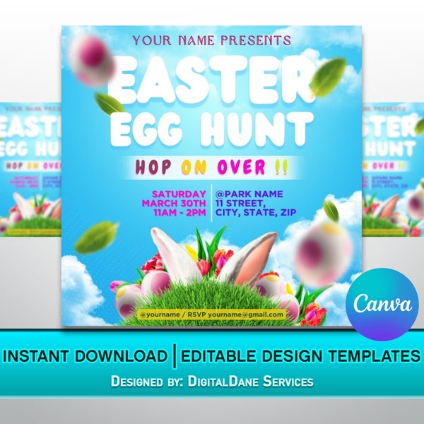 Easter Egg Hunt Invitation Flyer / hop on over Easter bunny egg hunt invite / DIY easter party invitation Canva editable template design