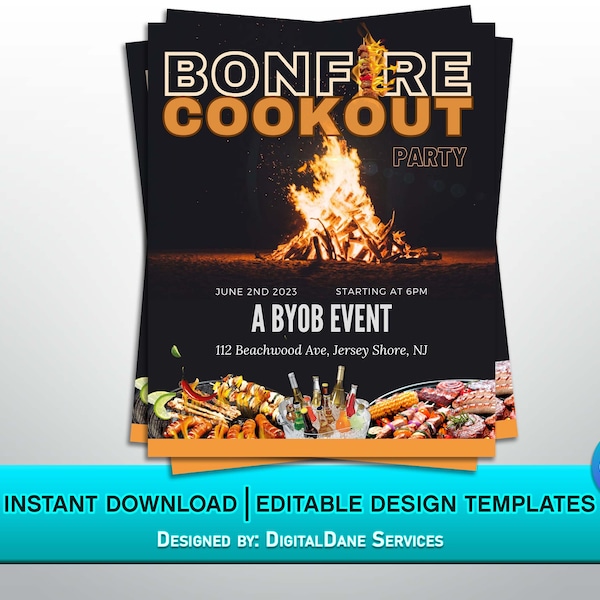 Bonfire Cookout Party Poster, Editable Party Flyer, Instagram Post Flyer, Social Media Flyer, Diy Bonfire Cookout Party Flyer