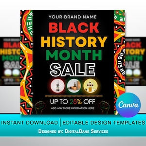 May include: Black History Month Sale graphic with a black background, yellow, green, and red geometric patterns, and the text "Black History Month Sale" in white, yellow, and green. The graphic also includes the text "Up to 25% Off" and the Canva logo.