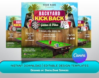 Backyard kickback-flyer: games en sfeer, bewerkbare canva-sjabloon (1080 x 1080 pixels)