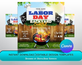 May include: A Labor Day backyard cookout flyer with a red, white, and blue color scheme. The flyer features a grill with flames, a speaker, and the text "Labor Day Backyard Cookout" in bold letters. The flyer also includes the date, time, and location of the event.