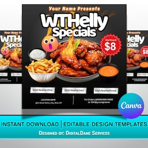 Puede incluir: Un folleto negro y naranja con el texto "WTHelly Specials" y una imagen de alitas de pollo fritas, patatas fritas y salsas para mojar. El folleto también incluye el texto "A partir de 8 €".