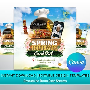 Folheto para churrasco nas férias de primavera / Folheto para cozinhar / DIY Spring Break Canva Design editável / Churrasco ao ar livre Cookout Folheto em tamanho de mídia social