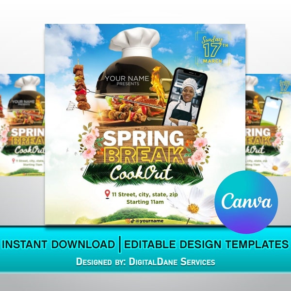 Spring Break Cookout Flyer / Cook Out Flyer / DIY Spring Break Canva Editable Design /  BBQ Outdoors Cookout Social media sized Flyer