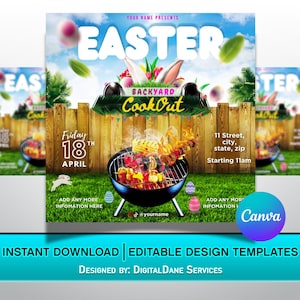 May include: A flyer for an Easter backyard cookout. The flyer is decorated with Easter eggs, bunnies, and a grill with food on it. The text on the flyer reads "Easter Backyard Cookout" and "Friday 18th April".