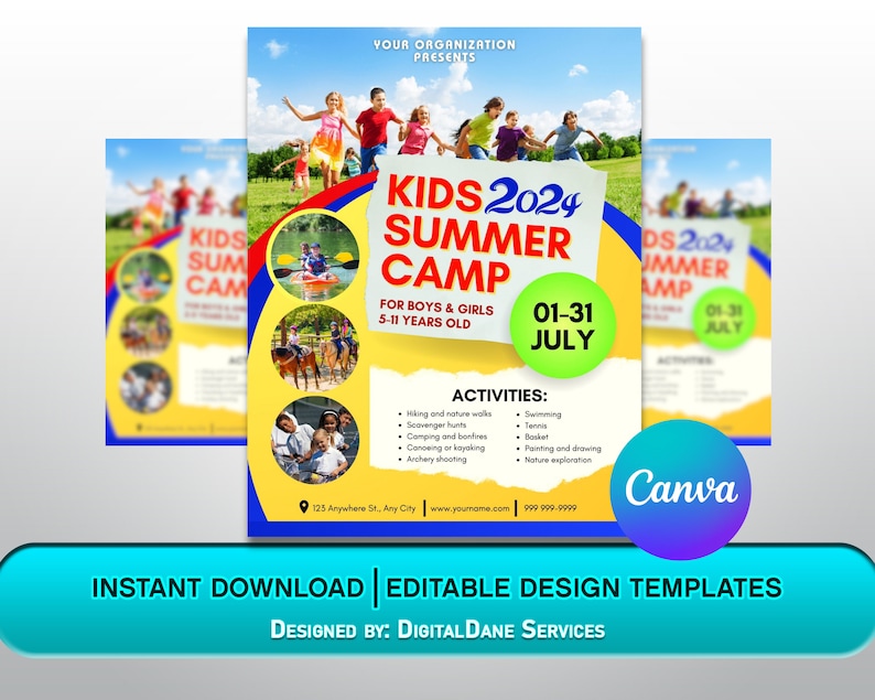 May include: A colorful flyer advertising a summer camp for kids ages 5-11. The flyer features a bright yellow background with a red and blue circle. The text "KIDS 2024 SUMMER CAMP" is in large, bold letters. The flyer lists activities such as hiking, swimming, tennis, and archery. The flyer also includes the dates of the camp, "01-31 JULY".