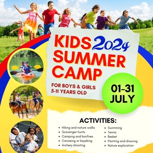 May include: A colorful poster advertising a summer camp for kids ages 5-11. The poster features images of children enjoying various activities, including swimming, hiking, and horseback riding. The text on the poster reads "Kids 2024 Summer Camp" and lists the dates of the camp as "01-31 July".