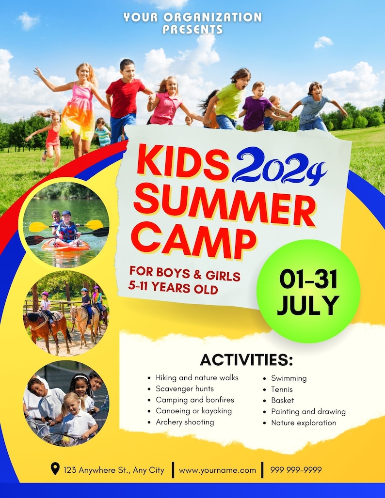 May include: A colorful poster advertising a summer camp for kids ages 5-11. The poster features images of children enjoying various activities, including swimming, hiking, and horseback riding. The text on the poster reads "Kids 2024 Summer Camp" and lists the dates of the camp as "01-31 July".