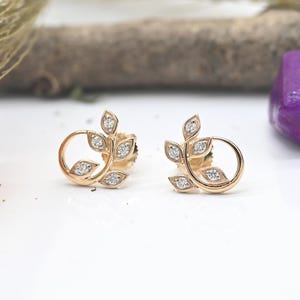 14K Solid Gold Diamond Stud Earrings | Nature Inspired Vine Earrings | Leaf Gold and Diamond Jewelry | Elegant Birthdays Gift for Her&quot;