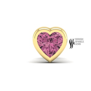 16G Solid Gold Heart Pink Tourmaline Nose Stud 14K Yellow Gold Bezel-Set Screw Back Nostril Pin Piercing 7mm