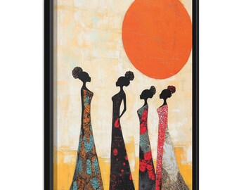 Framed Afrocentric Women Wall Art | Bold African Silhouette Print | Orange Sun | Ready to Hang Black Art for Home or Office