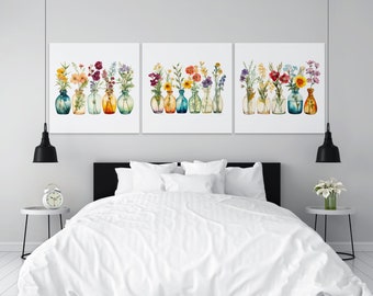 Set of 3 Boho Style Floral Print Unframed Canvas, Beautiful Living Room Decor, Bedroom Decor, Wall Art Redecorating, Botanical Wall Hangings