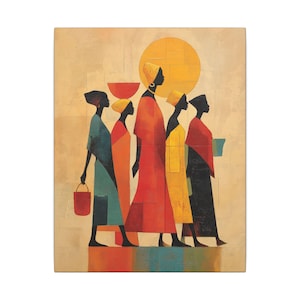 Può includere: Stampa artistica astratta con cinque figure silhouette in abiti colorati che camminano in fila. Le figure sono ambientate su uno sfondo beige con un grande sole giallo. Una figura porta un secchio rosso.