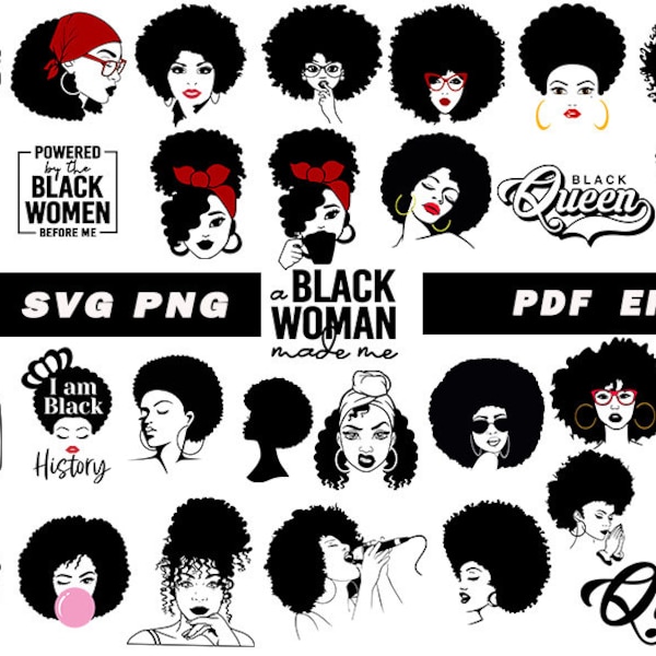 Afro woman SVG Bundle, Afro Queen Svg,  African American Svg, Black Woman Silhouette