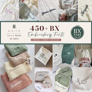 May include: A collage of embroidered items, including blankets, sweaters, and a sweatshirt. The items are in various colors, with names and phrases embroidered in different fonts. The image also features text that reads "450+ BX Embroidery Fonts".