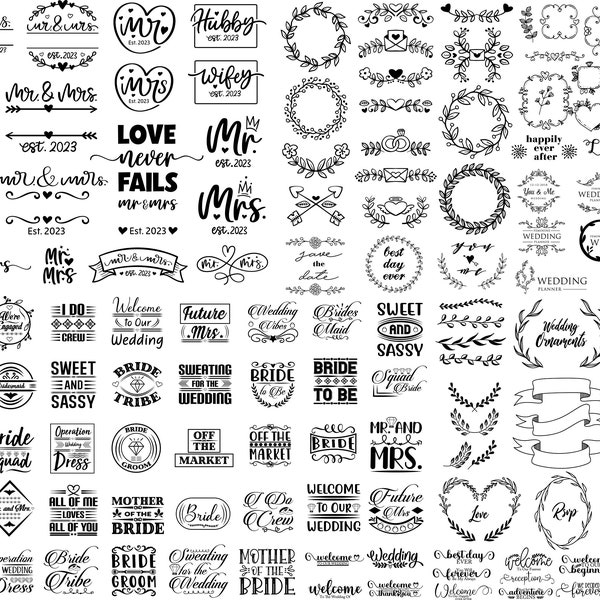 Bundle mariage SVG, M. et Mme Svg, Svg mariage, éléments décoratifs SVG, ornements svg, Svg de la mariée, mariée Svg, Svg fleur