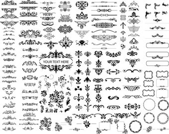 Puede incluir: Una colección de elementos de diseño decorativos en blanco y negro, que incluyen espirales, florituras, marcos, bordes y divisores. El texto "YOUR TEXT HERE" está incluido en un marco decorativo.