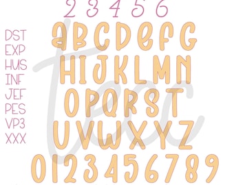 May include: An embroidery alphabet and number set by The Embroidery Chick Co. featuring light orange letters and numbers with a thin outline. Includes sizes 2, 3, 4, 5, and 6 inches, along with file formats DST, EXP, HUS, INF, JEF, PES, VP3, and XXX. Note: .bx is not available.