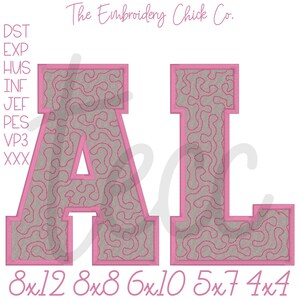 May include: Pink and gray embroidered letters "AL" with a textured fill and pink outline. The image includes the text "The Embroidery Chick Co." and various size options: 8x12, 8x8, 6x10, 5x7, and 4x4 inches.