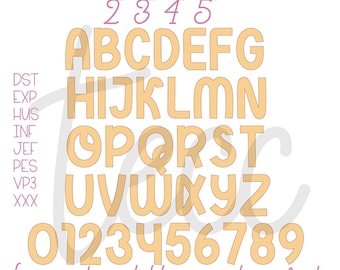 May include: An embroidery alphabet and number set in a light orange font with a dark outline. The text includes The Embroidery Chick Co., sizes 2, 3, 4, 5 inches, file formats DST, EXP, HUS, INF, JEF, PES, VP3, XXX, and .bx is not available in applique fonts.