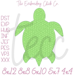 May include: A light green sea turtle design with a swirling pattern, suitable for embroidery. The image includes the text "The Embroidery Chick Co." and various file formats and sizes: 8x12, 8x8, 6x10, 5x7, and 4x4.