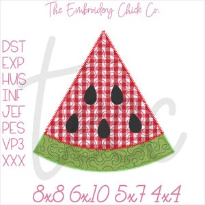 May include: A red and green watermelon slice embroidery design with a gingham pattern and black seeds. The design is available in 8x8, 6x10, 5x7, and 4x4 sizes.