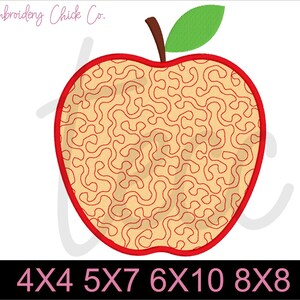 May include: Red apple embroidery design with a swirl pattern. The design is available in 4x4, 5x7, 6x10, and 8x8 hoop sizes.