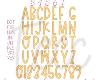 May include: An embroidery alphabet and number set in a light orange font with a dark outline. The text includes The Embroidery Chick Co., sizes 3, 4, 5, 6, 7 inches, file formats DST, EXP, HUS, INF, JEF, PES, VP3, XXX, and bx is not available in applique fonts.