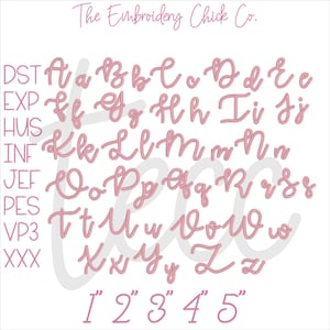 Könnte beinhalten: Ein rosa kursives Schriftalphabet und die Zahlen 1-5 werden auf weißem Hintergrund angezeigt. Der Text "The Embroidery Chick Co." steht oben. Die Buchstaben sind in Groß- und Kleinbuchstaben.