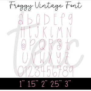 May include: A pink vintage font alphabet with lowercase letters and numbers. The font is available in sizes 1 inch, 1.5 inches, 2 inches, 2.5 inches, and 3 inches.
