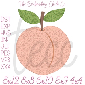 May include: Peach embroidery design in pink and green. The design is available in multiple sizes: 8x12, 8x8, 6x10, 5x7, and 4x4 inches.