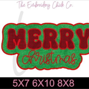 May include: Red and black plaid "Merry Christmas" embroidery design with green background. Available in 5x7, 6x10, and 8x8 inch sizes.