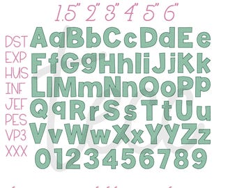 May include: An embroidery alphabet set by The Embroidery Chick Co. featuring sage green letters and numbers in sizes 1.5, 2, 3, 4, 5, and 6 inches. The image lists file formats DST, EXP, HUS, INF, JEF, PES, VP3, and XXX, noting .bx is not available.