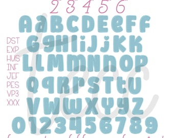 May include: An embroidery alphabet set featuring light blue letters and numbers in a rounded font. The text includes The Embroidery Chick Co., file formats DST, EXP, HUS, INF, JEF, PES, VP3, XXX, and the note .bx is not available in applique fonts.