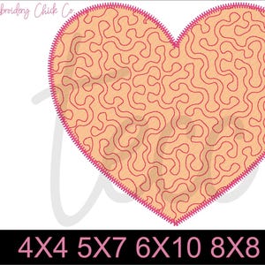 May include: A pink heart-shaped embroidery design with a peach-colored background and a swirling pattern. The design is available in multiple sizes: 4x4, 5x7, 6x10, and 8x8 inches.