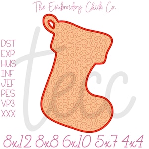 Quilted Christmas Stocking Satin Applique Embroidery Design, Holiday Sock Machine File, Festive Sweatshirt, 4x4 5x7 6x10 8x8 Hoop, PES DST