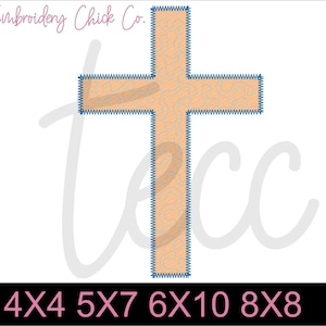 May include: An embroidery design of a peach-colored cross with a blue blanket stitch border and a stippled pattern. The text includes The Embroidery Chick Co., file formats DST, EXP, HUS, INF, JEF, PES, VP3, XXX, and sizes 4x4, 5x7, 6x10, 8x8.
