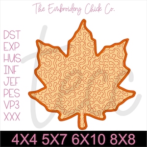 May include: An orange maple leaf embroidery design with a detailed, intricate pattern. The design is available in four sizes: 4x4, 5x7, 6x10, and 8x8 inches.