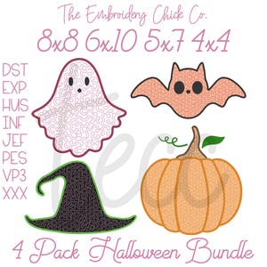 May include: A Halloween bundle with a ghost, bat, witch's hat, and pumpkin. The designs are in pink, orange, black, and green, with a textured pattern. The text "4 Pack Halloween Bundle" is included.