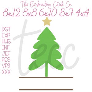 May include: A green Christmas tree design with a gold star on top. The text "The Embroidery Chick Co." is at the top, with size options in inches. The design includes file type abbreviations like DST and EXP.