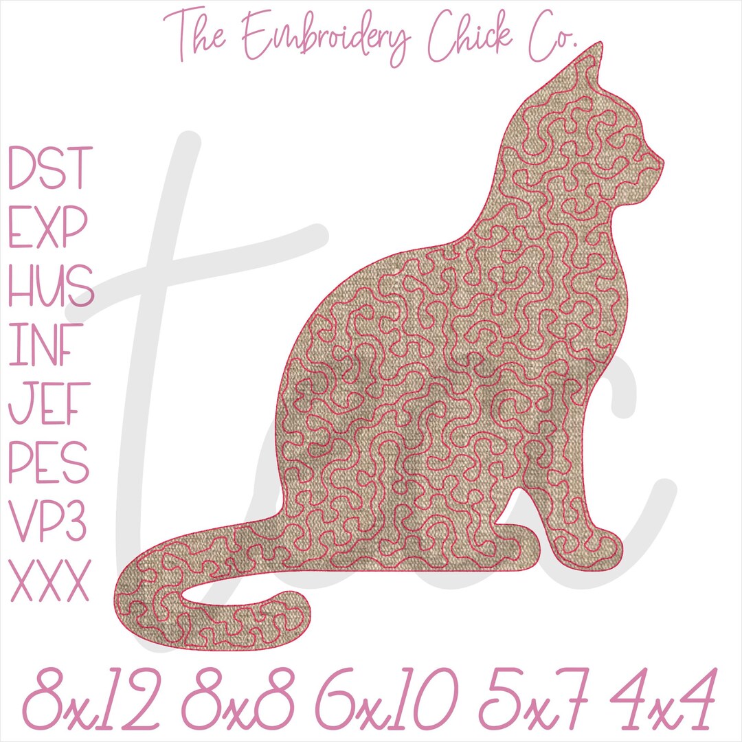 Quilted Cat Vintage Applique - Machine Embroidery Design, Stipple Bean ...