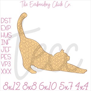 Quilted Stretching Cat Vintage Applique Embroidery Design, Feline Pet Machine File, Kitty Lover Sweatshirt, 4x4 5x7 6x10 8x8 Hoop, PES DST