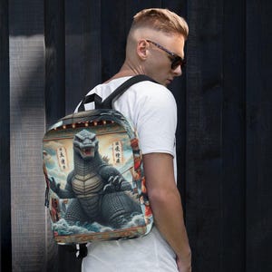 Godzilla all over print, classic scroll, vintage monster movie Backpack