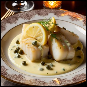 May include: A plate of white fish with a lemon wedge, capers, and a creamy sauce.