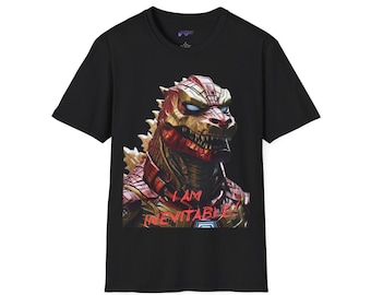 May include: Black t-shirt with a graphic print of a red and gold monster with the text "I AM INEVITABLE" in red.
