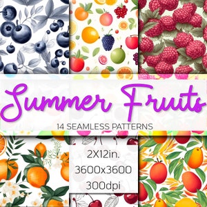 May include: A set of 14 digital seamless patterns featuring various summer fruits, including blueberries, raspberries, oranges, lemons, limes, cherries, and apples. The patterns are 2x12 inches, 3600x3600 pixels, and 300 dpi.