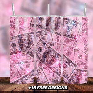 Rosa Glitzer Dollar Bill 20 Unzen Becher Wrap, Boss Girl Becher Wrap, Pink Glitzer Becher, Girl Boss Becher Design, 20 Unzen Skinny Tumbler Png